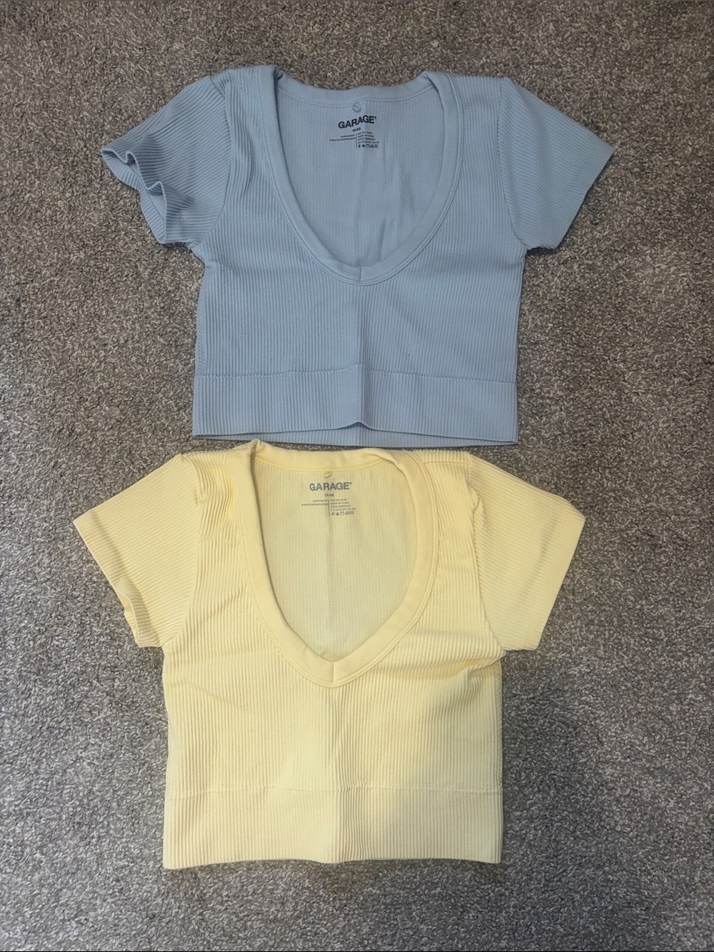 Garage Ribbed Scoop Neck Crop Tops - Light Blue & Pale Yellow